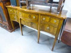 A REPRODUCTION SERPENTINE FRONTED CROSSBANDED AND BOXWOOD STUNG GEORGIAN STYLE SIDEBOARD