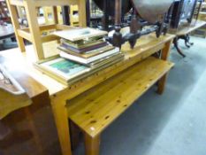 A LARGE PINE EXTENDING DINING TABLE, WITH TWO BENCH SEATS AND A SIMILAR DINING CHAIR (4)