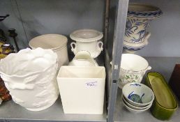 VARIOUS PLANTERS AND VASES TO INCLUDE; A ROYAL DOULTON 'TWILIGHT ROSE' VASE, TWO URNS, AND THREE