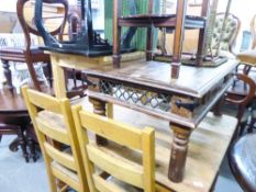 INDONESIAN COFFEE TABLE HAVING TWO DRAWERS AND A PINE SQUARE TOP COFFEE TABLE