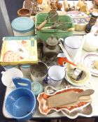 VARIOUS KITCHEN ITEMS; STORAGE TINS ONE WITH PASTRY CUTTERS, AND A FOUR TIER LAYER CAKE PAN SET