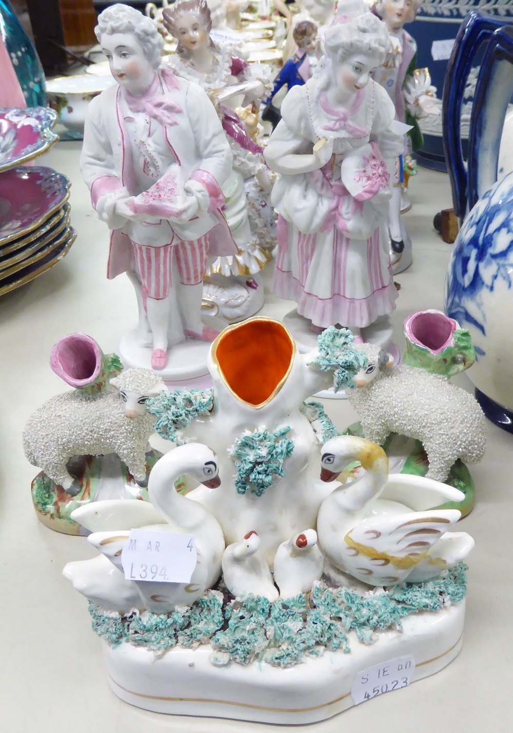 NINETEENTH CENTURY STAFFORDSHIRE POTTERY SPILL VASE GROUP OF SWANS, SIMILAR, LATER PAIR OF SHEEP, - Image 2 of 2