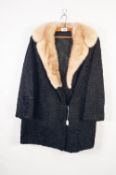 LADY'S BLACK PERSIAN LAMB JACKET 3/4 LENGTH COAT, with pastel mink collar, hook fastening front