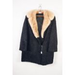 LADY'S BLACK PERSIAN LAMB JACKET 3/4 LENGTH COAT, with pastel mink collar, hook fastening front