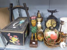 A VINTAGE KITCHEN BALANCE SCALES, A BRASS OIL TABLE LAMP