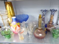 GROUP OF MODERN GLASS ITEMS TO INCLUDE; GILT VASE, TWO BOTTLE VASES, FRUIT BOWL, MODERN PORTUGUESE