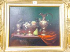 A MODERN 'PASTICHE' OIL PAINTING ON CANVAS STILL LIFE IN A GILT FRAME