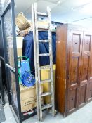 WOODEN EXTENSION LADDER, AN ELECTRIC CABLE ON REEL AND A GARDEN KNEELER (3)