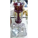 VICTORIAN RUBY GLASS TABLE LUSTRE, (a/f), ELECTROPLATED FOUR DIVISION PEDESTAL CAKE STAND AND A