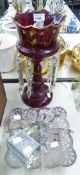 VICTORIAN RUBY GLASS TABLE LUSTRE, (a/f), ELECTROPLATED FOUR DIVISION PEDESTAL CAKE STAND AND A