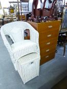 TEAK EFFECT CHEST OF FIVE LONG DRAWERS, A WHITE LOOM TUB CHAIR AND A LINEN RECEIVER