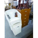 TEAK EFFECT CHEST OF FIVE LONG DRAWERS, A WHITE LOOM TUB CHAIR AND A LINEN RECEIVER