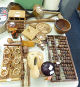 WOODEN ITEMS TO INCLUDE; ABACUS, LETTER RACK, BOWLS, FACE MASK, HORS D'OEUVRE'S TRAY, WOODEN FIGURES