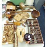 WOODEN ITEMS TO INCLUDE; ABACUS, LETTER RACK, BOWLS, FACE MASK, HORS D'OEUVRE'S TRAY, WOODEN FIGURES