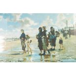 AFTER JOHN SARGEANT LARGE COLOUR PRINT Beach scene with figures awaiting the return of the fishing