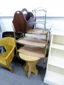 PLATED EIGHT BOTTLE WINE RACK, AN OAK PERIODICAL RACK AND A GILT METAL TEA TROLLEY (3)