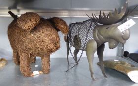 A METAL MOOSE PATTERN HEARTH ORNAMENT; AND A STRAW PIG