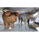 A METAL MOOSE PATTERN HEARTH ORNAMENT; AND A STRAW PIG