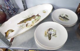 POST-WAR FRENCH PORCELAIN FISH SERVING SET OF SIX PLATES AND A LARGE ELLIPTICAL FISH DISH, ECAH