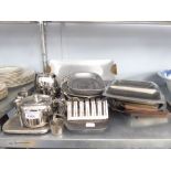 OLD HALL STAINLESS STEEL TEA SERVICE OF 15 PIECES AND THE TRAY AND OTHER STAINLESS STEEL TRAYS