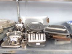 OLD HALL STAINLESS STEEL TEA SERVICE OF 15 PIECES AND THE TRAY AND OTHER STAINLESS STEEL TRAYS