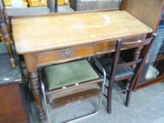 MAHOGANY SLOPED-FRONT WRITING DESK HAVING TWO DRAWERS, ON TURNED LEGS