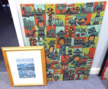 BATIK PANEL- FIGURES AND ANIMALS, 35" X 28", and a SIMILAR ARTIST SIGNED FRAMED COLOUR PRINT BY