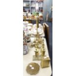 METAL WARES- THREE PAIRS OF BRASS SMALL CANDLESTICKS, COLUMN PATTERN TABLE LAMP, ANOTHER, CARRIAGE