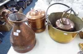 METAL WARES- COPPER HARVEST JUG, BRASS JAM PAN WITH WROUGHT IRON HANDLE and a TINNED COPPER TWO