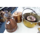 METAL WARES- COPPER HARVEST JUG, BRASS JAM PAN WITH WROUGHT IRON HANDLE and a TINNED COPPER TWO