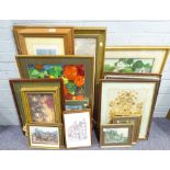 A LARGE SELECTION OF PRINTS AND WATERCOLOUR PAINTINGS TO INCLUDE; 'POETS CORNER' 'SCOTLAND' BY RON