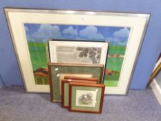 FOUR FRAMED NEEDLEWORK TAPESTRY PICTURES OF COTTAGES, AND TWO OTHER LIMITED EDITION ETCHING/PRINT