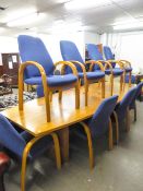 LARGE, LIGHT WOOD BOARDROOM TABLE, ON TWO PEDESTAL BASES AND A SET OF TWELVE MATCHING ARMCHAIRS,