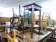 LLOYD LOOM CYLINDER LINEN BASKET, A WICKER OCCASIONAL TABLE, AN OAK TWO TIER TABLE AND A BLACK