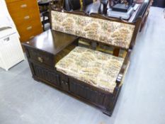 JACOBEAN STYLE LINEN FOLD CARVED, COMBNED HALL SEAT AND TELEPHONE TABLE