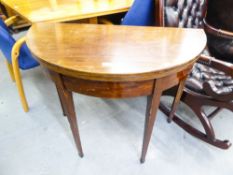 EARLY NINETEENTH CENTURY LINE INLAID MAHOGANY DEMI-LUNE FOLD OVER TEA TABLE, raised on square,