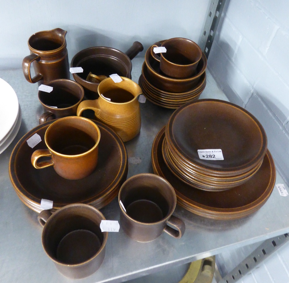 A WEDGWOOD DARK BROWN POTTERY PART TEA AND DINNER WARES AND SIMILAR ITEMS (35 ITEMS)