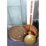 TWO BRASS LARGE CIRCULAR TRAYS AND A BED WARMING PAN (3)