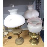 GROUP OF TABLE LAMPS TO INCLUDE; A PAIR OF RECONSTITUTED MARBLE YELLOW EXAMPLES AND THREE OTHERS,