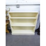 WHITE PAINTED OPEN BOOKCASE AND A SMALL BLACK METAL THREE DRAWER FILING CABINET, 26" (66.1cm)