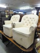 PAIR OF SMALL BOUDOIR TUB SHAPED EASY ARMCHAIRS, ALL-UPHOLSTERED AND COVERED IN CREAM CLOTH