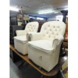 PAIR OF SMALL BOUDOIR TUB SHAPED EASY ARMCHAIRS, ALL-UPHOLSTERED AND COVERED IN CREAM CLOTH