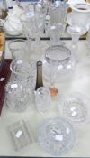 GLASS- WELL CUT CANDLESTICK, 7" high, (a/f), SIMILAR ROSE BOWL AND COVER, SIX VASES, CELERY VASE,