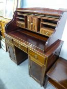 REPRODUCTION WRITING DESK WITH ROLL-TOP (DETACHED), LEATHER TOP, CUPBOARDS AND DRAWRES TO THE FITTED