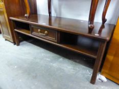 MAHOGANY OBLONG LONG JOHN COFFEE TABLE, FITTED UNDERSHELF AND ONE SMALL DRAWER