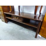 MAHOGANY OBLONG LONG JOHN COFFEE TABLE, FITTED UNDERSHELF AND ONE SMALL DRAWER