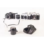 THREE 35mm SRL ROLL FILM CAMERAS, comprising: RICOH KR-5, with 55mm, f2.2 lens, and manual,