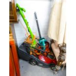 MOUNTFIELD 1300 ELECTRIC ROTARY LAWN MOWER, AN ELECTRIC STRIMMER AND A BOSCH ELECTRIC HEDGE