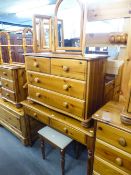 PINE TWO DRAWER DRESSING TABLE WITH TRIPLE FREE-STANDING MIRROR AND STOOL AND A PINE CHEST OF TWO