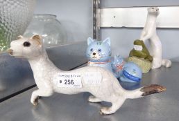 A RUSSIAN POTTERY MODEL OF A STOAT, A STUDIO POTTERY STOAT, A POTTERY FROG AND TWO RESIN CATS